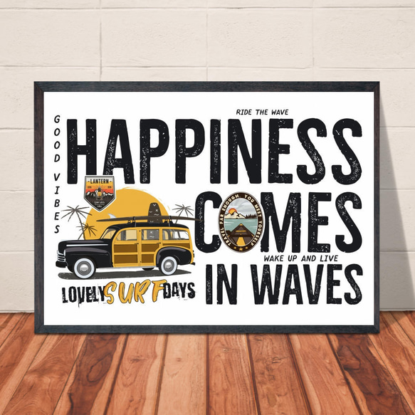 【送料無料】A3・A4ポスター【HAPPINESS COMES IN WAVES】イラスト アートポスター サーフ 1枚目の画像
