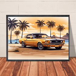 【送料無料】A3・A4ポスター【夕暮れの海沿い　黄色いアメ車】イラスト アートポスター サーフィン ビーチ 西海岸 1枚目の画像
