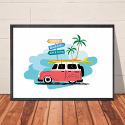 【送料無料】A3・A4ポスター【サーフボードを載せた赤い車】イラスト アートポスター サーフィン ビーチ 西海岸 1枚目の画像