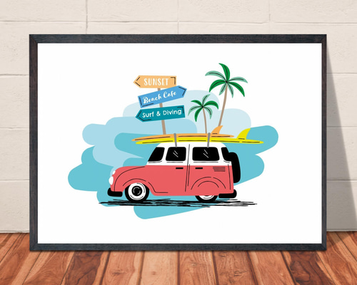 格安★サーフィン　サーフ　アート　ポスター　額装　額縁　西海岸 サーフィン西海岸 カリフォルニア ラインアート おしゃれ海外