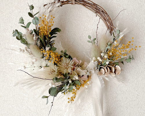 フライングリース　ドライフラワーリース　ドライフラワースワッグ　ミモザ　ユーカリ 0739-02.jpg