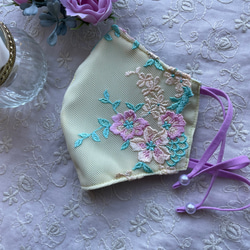 【刺繍レースマスク】春めきレモンイエロー♡ベビーピンクフラワー刺繍　3サイズ 5枚目の画像