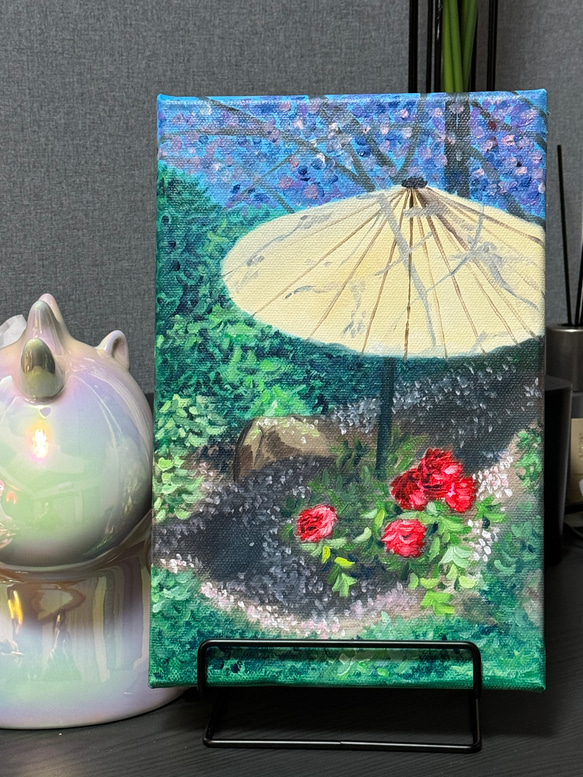 「桜・傘・薔薇」　手描き　油絵　風景画　原画 1枚目の画像