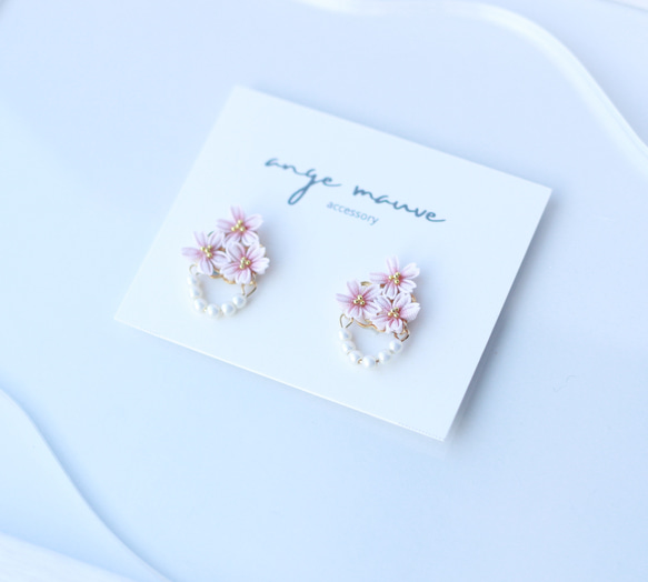 小さな桜　パール　春　ピアス/イヤリング　つまみ細工　サージカルステンレス 3枚目の画像