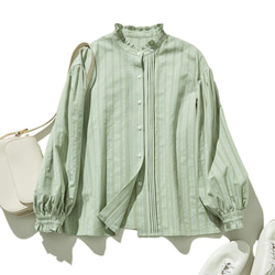 優雅襯衫，拓展穿搭範圍 棉麻提花長袖襯衫 淺綠色 24A05-3 第1張的照片
