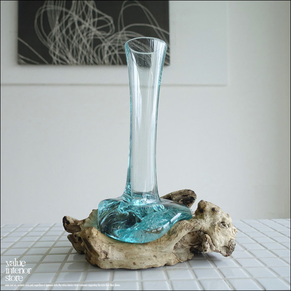 硝子フラワーベースSin 花瓶 プリミティブガラスベース 手作り 一輪挿し 一点物 ハンドメイド 無垢材 自然な様 1枚目の画像