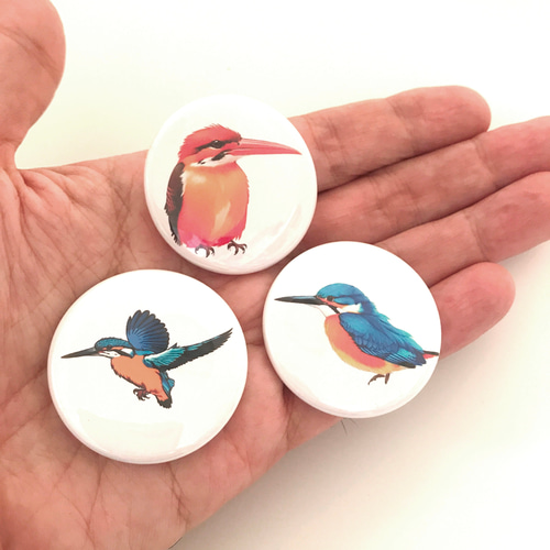 カワセミ アカショウビン 缶バッジ 3個 セット 野鳥 翡翠 川蝉
