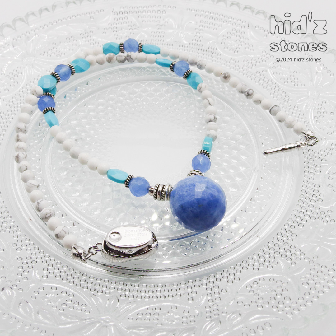 ◆一点もの天然石ネックレス:BeSC-008【ビーンズクラスプ】ブルーアゲート・ターコイズ・ハウライト・シルバーパーツ