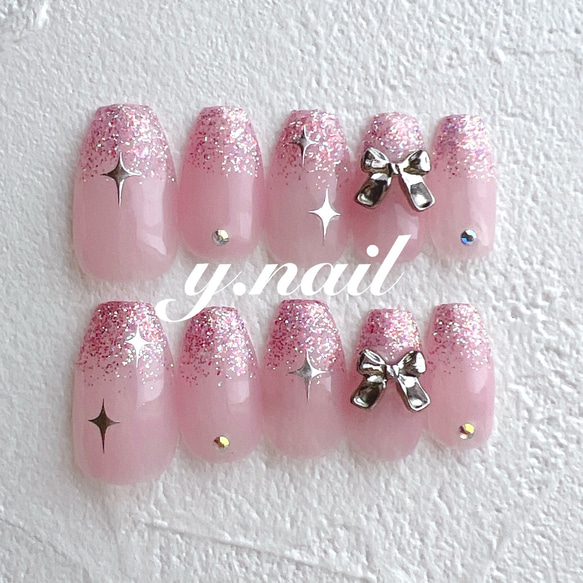 68))リボンネイル フレンチガーリー ネイルチップ グラデーション ミラー 68))リボンネイル フレンチガーリー ネイルチップ