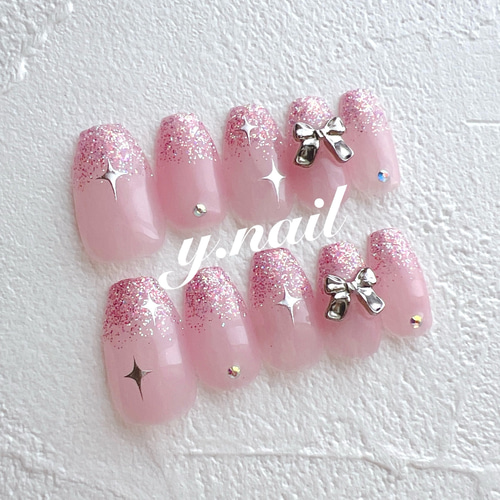 リボンネイル/ラメネイル/ラメグラデーションネイル/ラメグラデ  