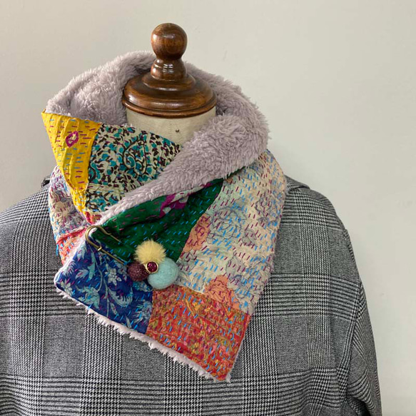 ミニマフラー ヴィンテージカンタパッチワークx起毛生地 飾りピン付
