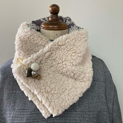 ミニマフラー インド刺繍レースxファー 飾りピン付き マフラー 