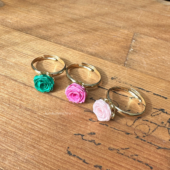 1輪のバラのリング〈グリーン、ビビットピンク、ペールピンク〉指輪 3枚目の画像