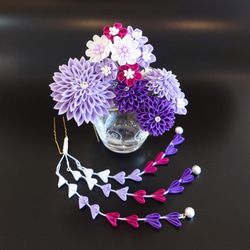 七五三、『紫系大輪の花と小花の髪飾り4点セット』つまみ細工髪飾り　成人式、卒業式、結婚式のお呼ばれなどに。 2枚目の画像