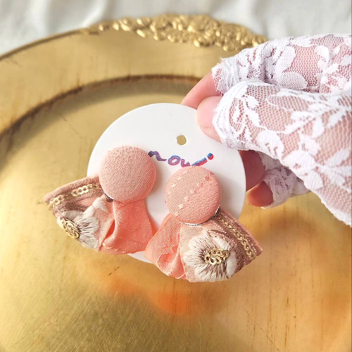 ピンク スパンコール インド刺繍リボン 着物 2way ピアス イヤリング