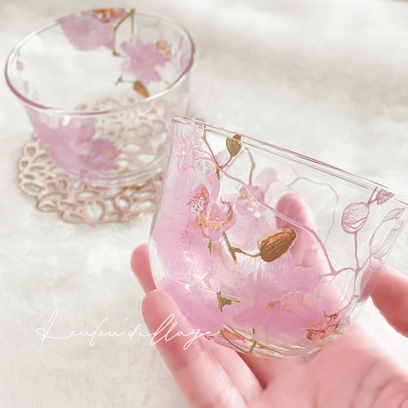在庫一掃・売り尽くしSALE ⌇ 麦茶グラスセット　ポーセラーツ　胡蝶蘭　コースター付き 2枚目の画像