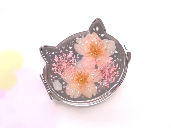 さくらニャン　桜の押し花　両面コンパクトミラー 3枚目の画像