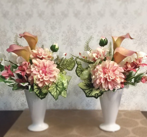 新作限定1セット　一対の和テイスト＊コンポートアレンジ　お供花としてインテリアとして　高級アーティフィシャルフラワー仕様
