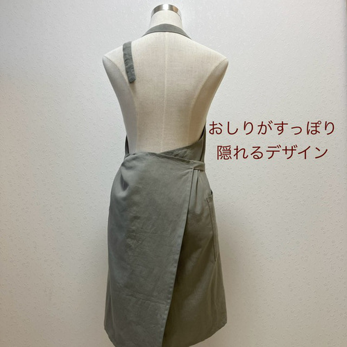 首掛けエプロン☆コットンリネン（くさ色）ワッシャー加工で自然