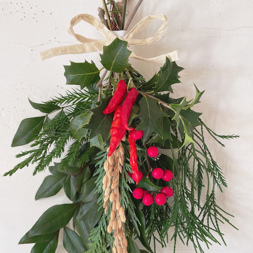 福飾り　節分スワッグ　ミモザ入り 福飾り 節分スワッグ ミモザ入り 節分スワッグ♡豆殻飾り付きの通販 by