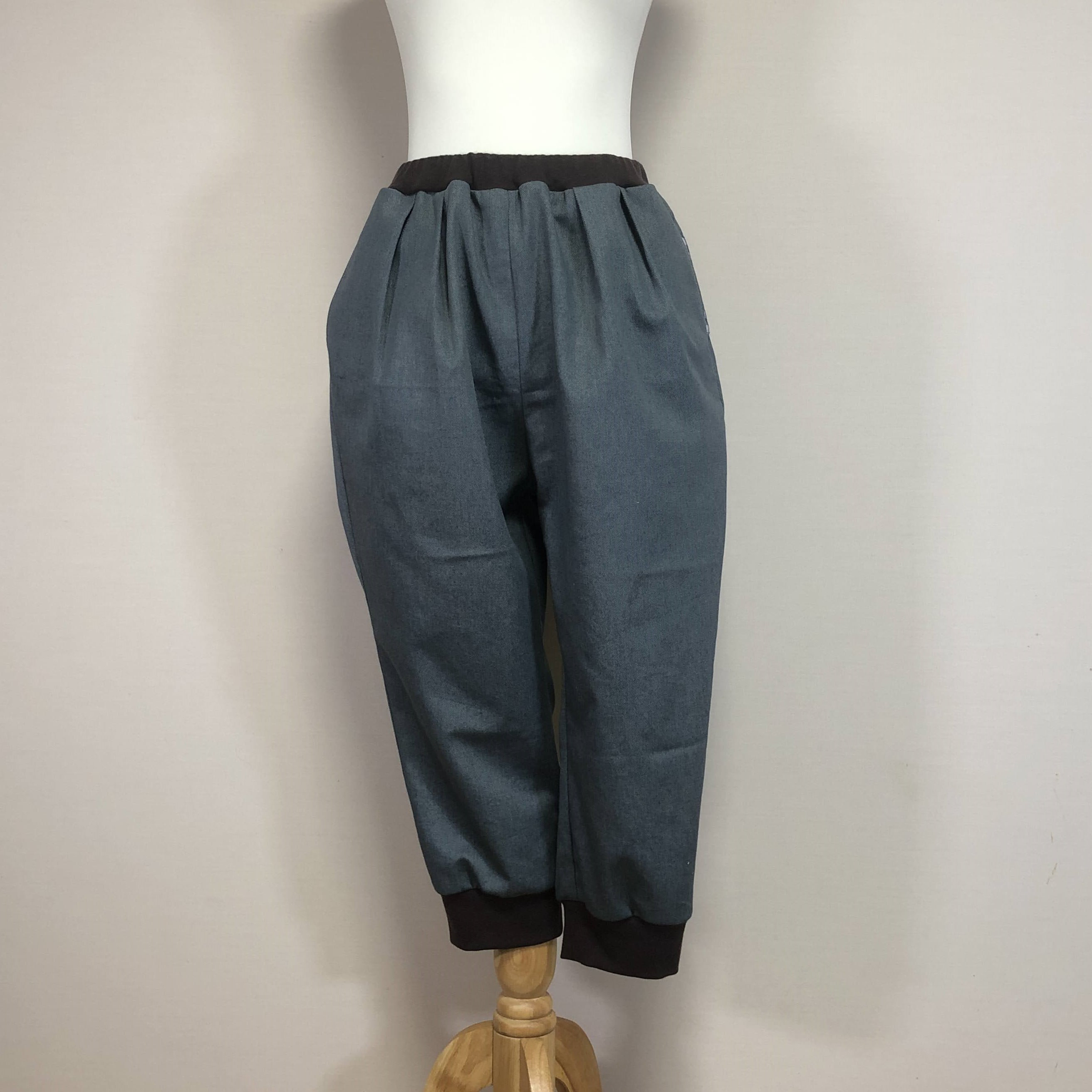 【ソフトデニム】クロップドパンツ◆ヴィンテージ×茶リブ◆フリーサイズ