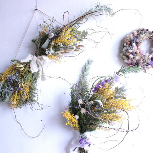 ミモザスワッグ〜白樺枝の横長スワッグ 春の花ミモザ 春 ミモザ  