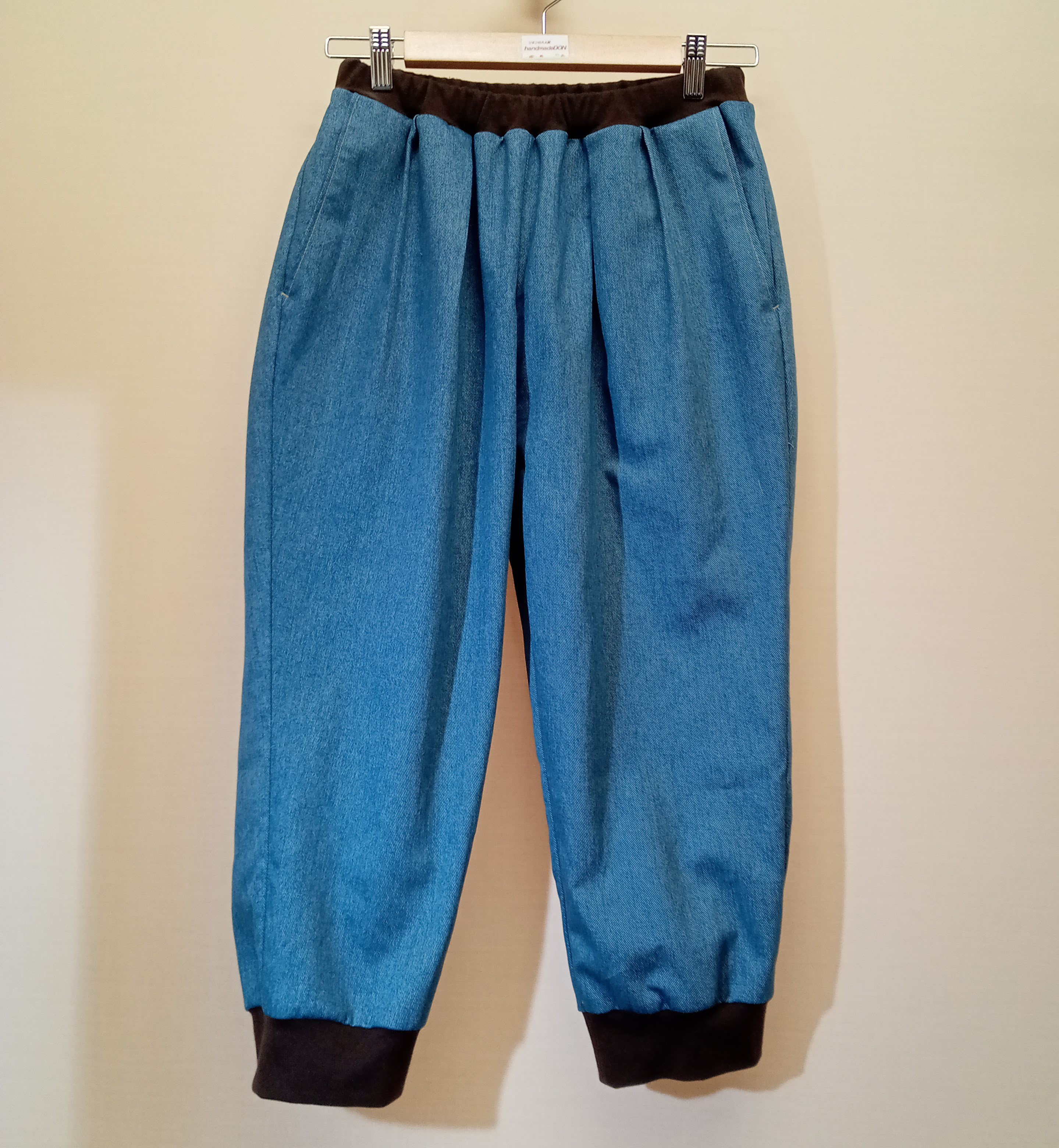 【ソフトデニム】クロップドパンツ◆ブルー×茶リブ◆フリーサイズ