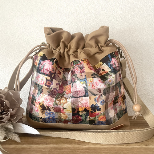 Favoris〜リバティ:アーカイブギンガム×11号帆布巾着ショルダーバッグC