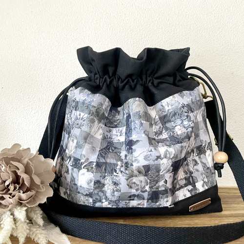 Favoris〜リバティ:アーカイブギンガム×11号帆布巾着ショルダーバッグC