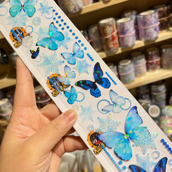 海外PETテープ 切り売り 雪の中の蝶 青い蝶 海外マステ コラージュ 貝殻光マスキングテープ 装飾系シール ステッカー 5枚目の画像