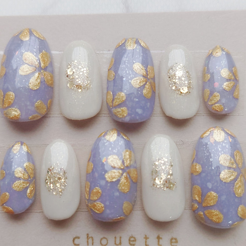 ネイルチップ つけ爪 紫 パープル ゴールド 手描き 花柄 ワンホン 韓国  