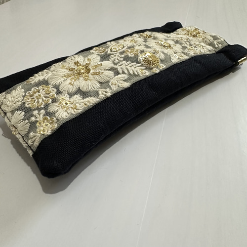 ☆バネ口 メガネケース 小☆11号帆布×インド刺繍リボン メガネケース