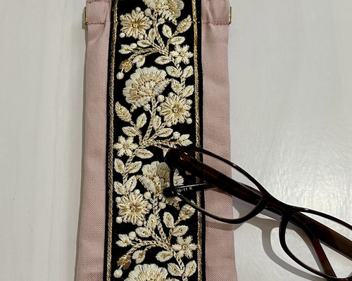 インド刺繍リボンと牛革レザーのめがねケース ・ペンケース