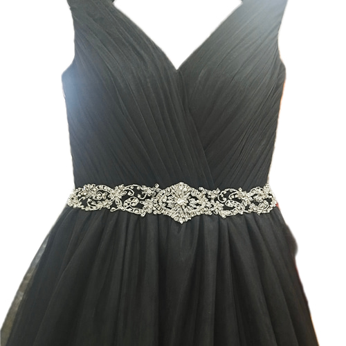 クラシカルエレガンス ビジュー装飾ベルト付き チュール Aライン  