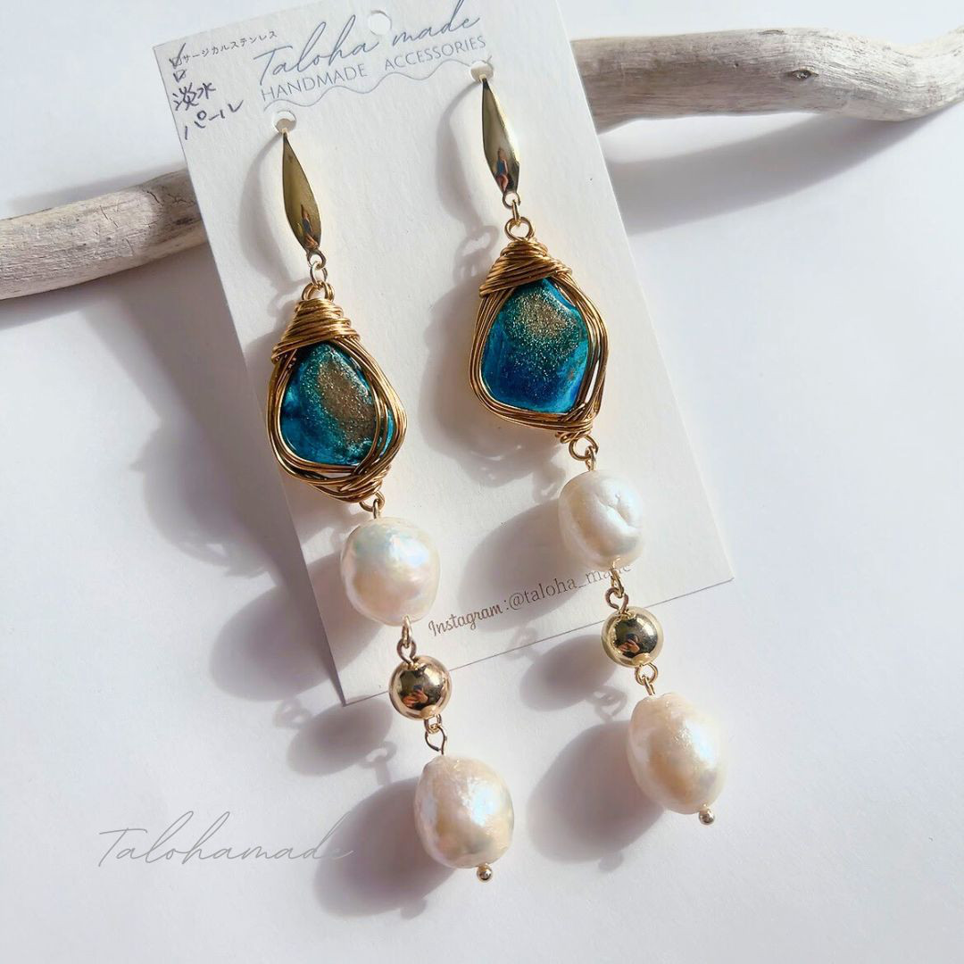 POWERCHARM®ピアス･イヤリング≫long freshwater pearls Turquoise：サージカルス 4,455円