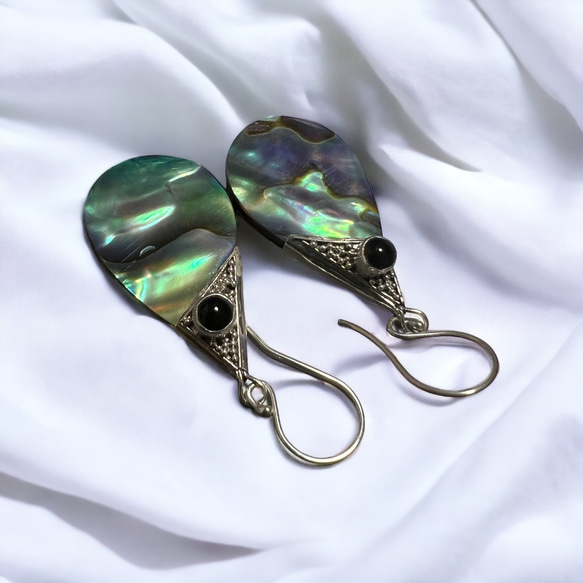 Abalone Sea Drop Onyx　銀線細工　アバロンシェル　アワビ　オニキス　水滴　ピアスまはイヤリング 3枚目の画像
