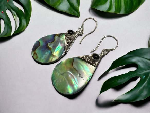 Abalone Sea Drop Onyx　銀線細工　アバロンシェル　アワビ　オニキス　水滴　ピアスまはイヤリング 5枚目の画像