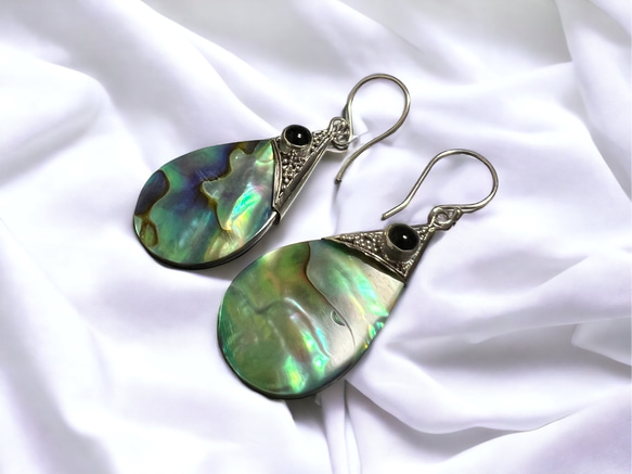 Abalone Sea Drop Onyx　銀線細工　アバロンシェル　アワビ　オニキス　水滴　ピアスまはイヤリング 1枚目の画像