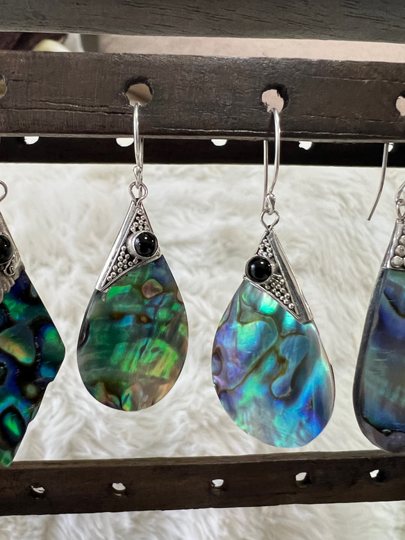 Abalone Sea Drop Onyx　銀線細工　アバロンシェル　アワビ　オニキス　水滴　ピアスまはイヤリング 6枚目の画像