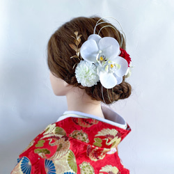 小さい胡蝶蘭の胡蝶蘭髪飾り 赤 白 成人式・結婚式・卒業式に 和風 和装 アーティフィシャルフラワー 3枚目の画像