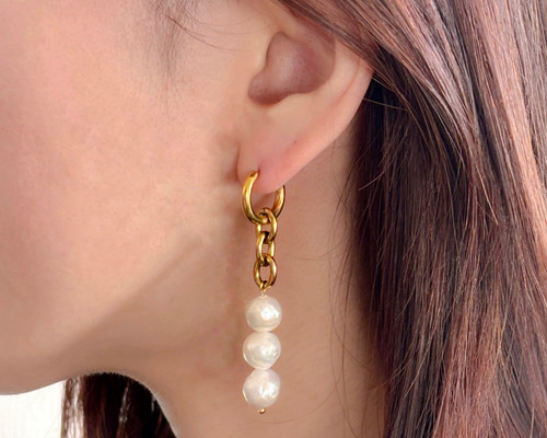 2way バロックパールチャーム フープピアス サージカルステンレス 淡水