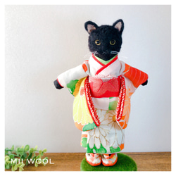 黒猫さん♡おめかしにゃんこドール　着せ替え人形　正絹振袖着物+草履+洋服セット 2枚目の画像