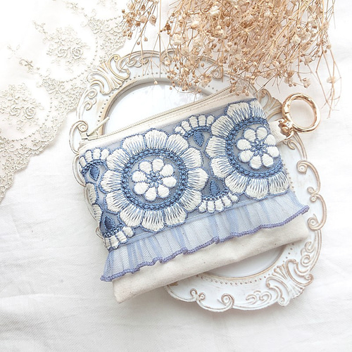 パスケース入れ　パスポケット　ハンドメイド　撥水加工生地　刺繍　水色系 パスケース入れ パスポケット ハンドメイド 撥水加工生地 刺繍 水色系