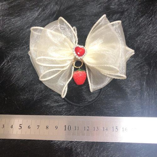 オーガンジーリボン ヘアゴム いちごのハート リボン ヘアゴム ヘアアクセサリー オーガンジー オフホワイト 赤い