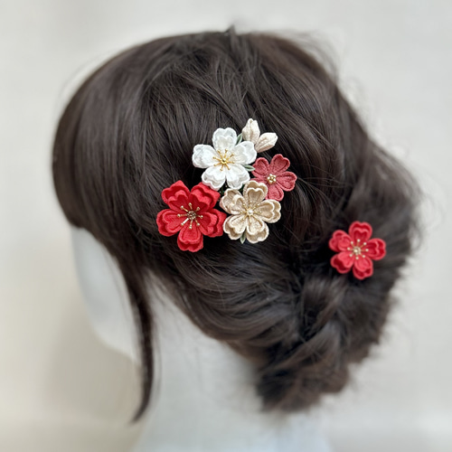 つまみ細工 桜の髪飾り組紐タッセルリボンset オフホワイト ベージュ