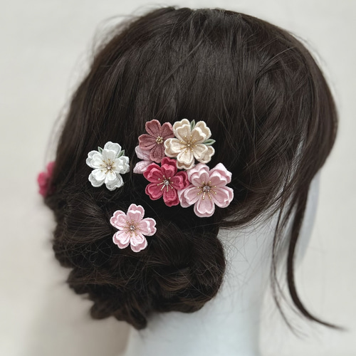 つまみ細工 桜の髪飾り組紐タッセルリボンset 桜色 くすみピンク