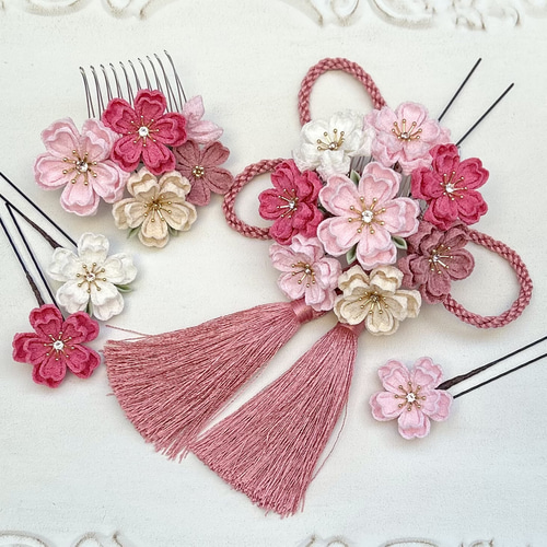 つまみ細工 桜の髪飾り組紐タッセルリボンset 桜色 くすみピンク