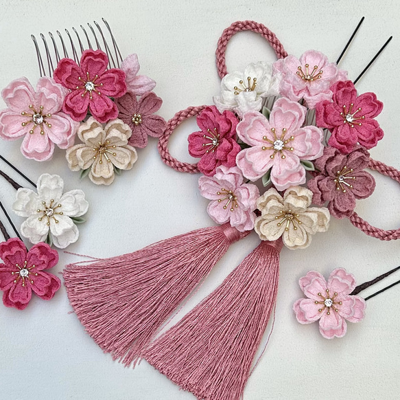 つまみ細工 桜の髪飾り組紐タッセルリボンset 桜色 くすみピンク