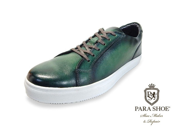 PARASHOE 本革レザースニーカー カジュアルシューズ 緑色 3E24.5～27cm (PSMO1903-GRN) 1枚目の画像