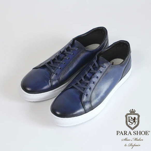 PARASHOE 本革レザースニーカーカジュアルシューズ ブルー 3E24.5～27cm (PSMO1903-BLUE) 1枚目の画像